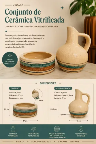 Enfeite | Decoração | Conjunto Cinzeiro + Jarra | Cerâmica Vitrificada | Impecáveis