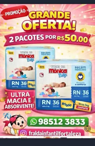 Fraldas Turma da Mônica RN P M ou G - 2 Pacotes por 50,00