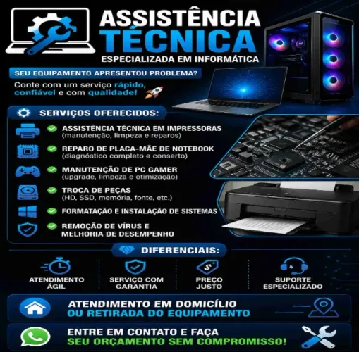 Assistência técnica impressora, reparo placa mãe notebook, Manutenção pc gamer