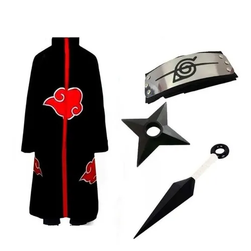 Manto Akatsuki Capa Roupa Naruto Itachi Uchiha Bandana Kunai Shuriken Acessórios Ninja