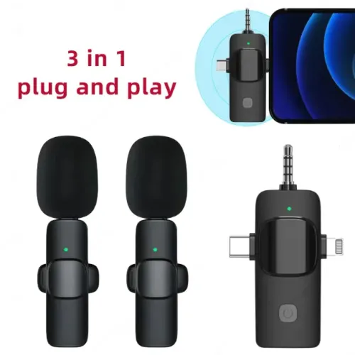 Microfone lapela sem fio para iphone, 3 em 1, tipo c, 3,5mm, câmera, computador.