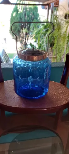 Biscoiteira de vidro azul antigo, estilo baldinho 