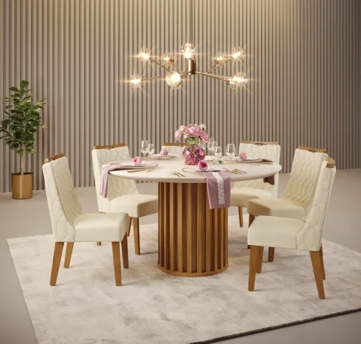 SALA DE JANTAR MESA COM TAMPO EM VIDRO REDONDO E 6 CADEIRAS