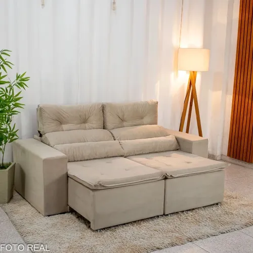 Sofá Retrátil Reclinável Bia 1.95m Veludo Bege - D28 Entrega Rápida