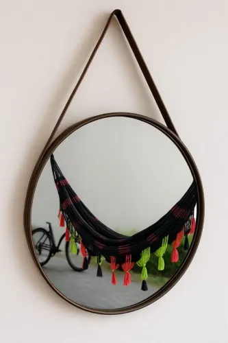 Espelho Redondo Decorativo com Alça de Couro