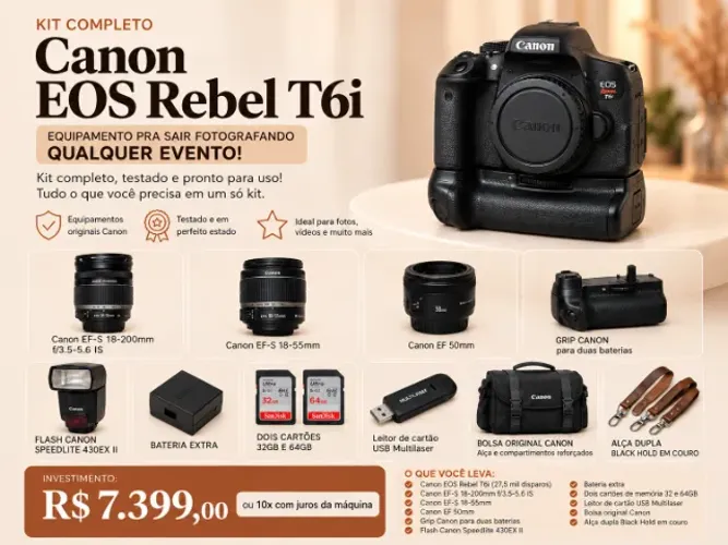 Canon EOS Rebel T6i + 3 Lentes, Flash e Kit Completo