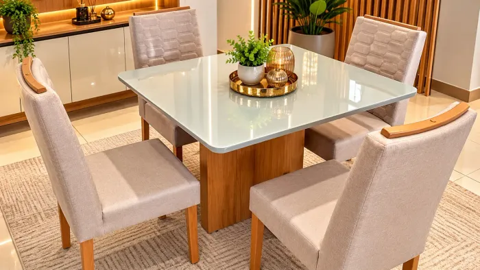 Mesa de Jantar com Tampo de Vidro e 4 Cadeiras Estofadas