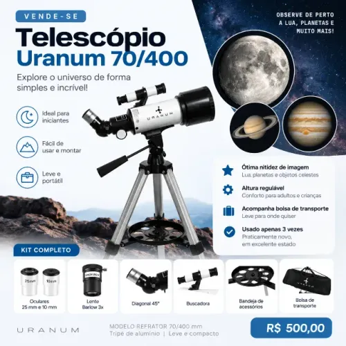 Telescópio Uranum 70/400 mm Completo - Seminovo, Usado 3 Vezes