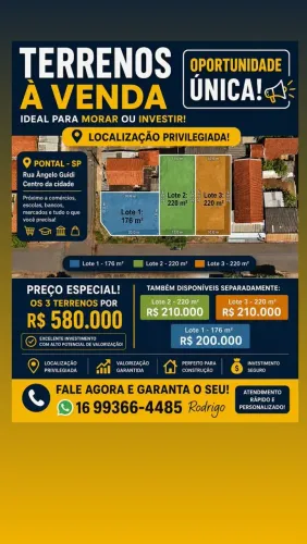 Terreno à venda no centro de Pontal SP, três terrenos totalizando 616m²