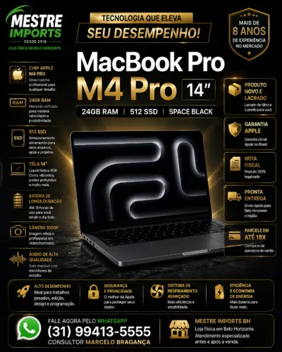 MacBook Pro M4 Pro 14 polegadas 24GB RAM 512GB SSD Space Black Novo Lacrado Nota Fiscal