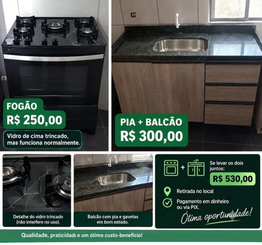 Pia com balcão + fogão 5 bocas | R$ 300 e R$ 250