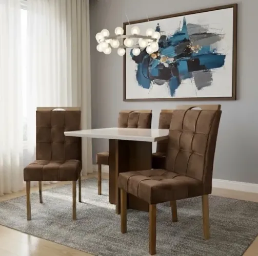 Conjunto Mesa Ravena 90 Cinamomo Off White com 4 Cadeiras Veludo Marrom