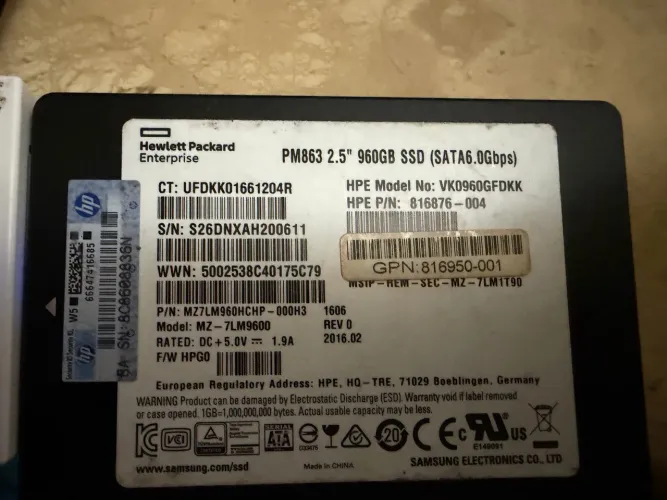 SSD Samsung PM863 960GB SATA 2,5" Enterprise HPE - Testado 98% Vida Útil
