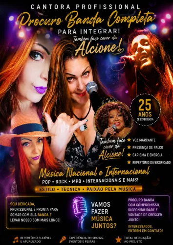 Cantora Profissional Vários Estilos Nac e Inter Busco Banda Faço Cover da Alcione