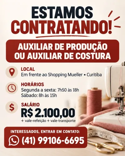 AUXILIAR DE PRODUÇÃO OU AUXILIAR DE COSTURA