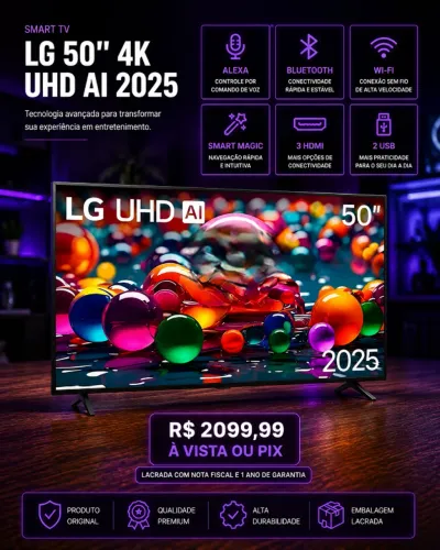 LG Smart TV 50" 50AU801C0SA UHD 4K ThinQ AI Smart Pro AI Sound Compatível com Alexa