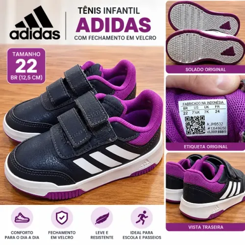 Tênis Adidas Infantil Original Nº 22 - Preto, Roxo e Branco - Velcro