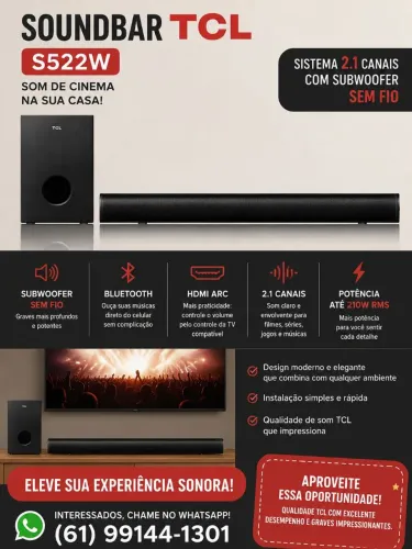 Soundbar TCL com Subwoofer sem fio Bluetooth 2.1 Canais HDMI ARC S522W