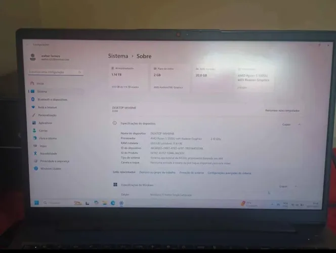 Notebook AMD Ryzen 5 5500U, 20?GB RAM, Windows 11.