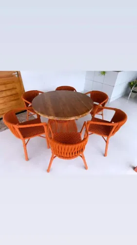 MESA EM MADEIRA TECA E 6 POLTRONAS HAVAÍ COM TRICO