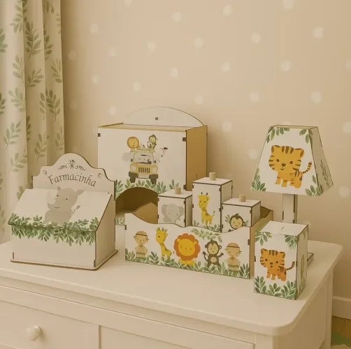 Kit higiene bebê safari MDF 8 peças NOVO 