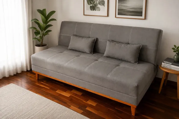 Sofá-cama Casal Cinza em Suede | Excelente Estado | Design Moderno
