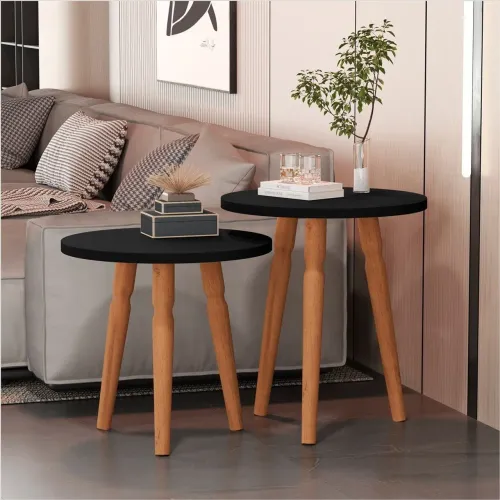 Conjunto Mesa Apoio Atlanta Preto Pés Madeira Sal