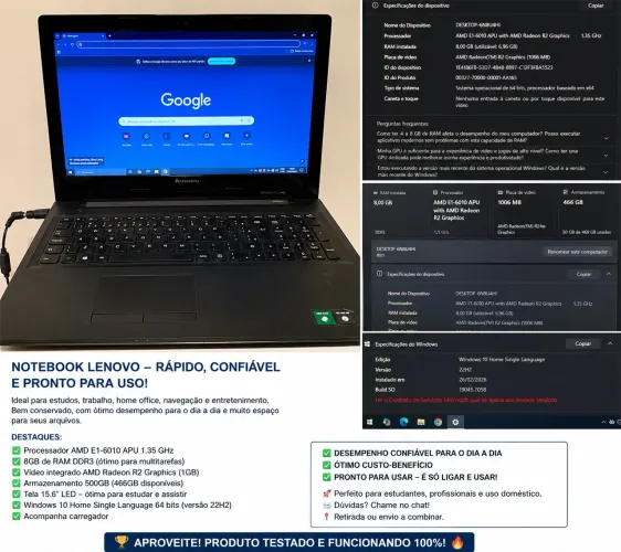 Notebook Lenovo 15,6? | 8GB RAM | HD 500GB | Pronto para Uso