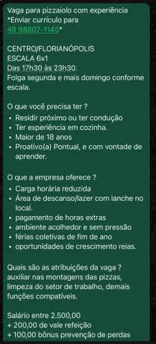Vaga para pizzaiolo com experiência