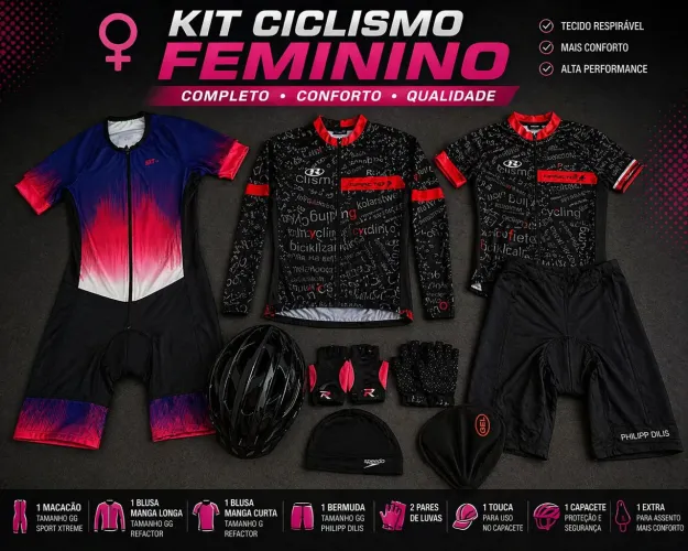 KIT CICLISMO FEMININO G/GG COMPLETO + CAPACETE + ACESSÓRIOS ?