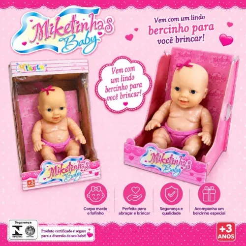 mini boneca bebe miketinhas baby c/berco na caixa 0121 miketa