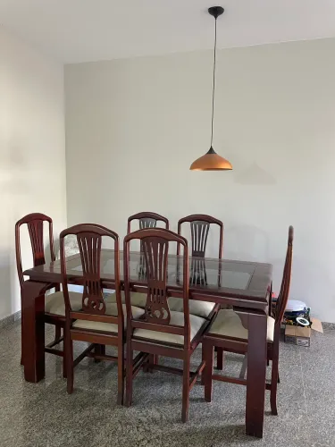 Mesa de Jantar Madeira Maciça 6 Cadeiras Tampo de Vidro