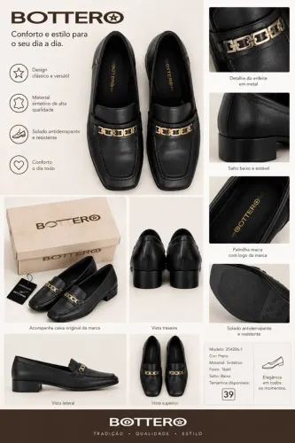 Mocassim Bottero Couro Legítimo Preto 39 - Correntinha Dourada - Paguei R$ 299,99
