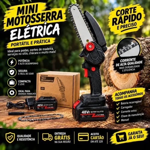 Mini Motosserra Elétrica Portátil a Bateria 48V com Acessórios