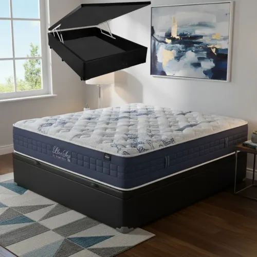 Colchão Casal Blue Sea 31 cm D28 Molas Ensacadas + Base Baú Corino Preto - ANJOS