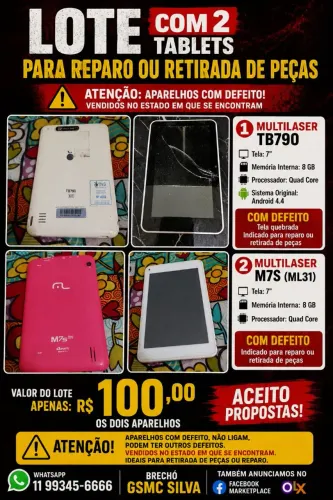 ? Lote com 2 Tablets Multilaser - Para Reparo ou Retirada de Peças
