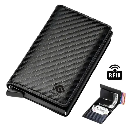 Carteira wallet proteção rfid fibra de carbono alumínio prata