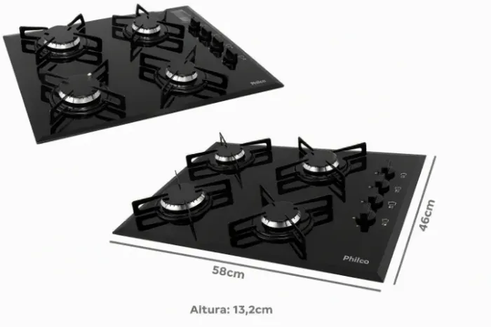 Cooktop a Gás Philco 4 Bocas Cook Chef 4 Vidro Temperado 8mm Preto Bivolt