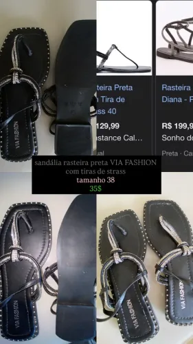 sandália rasteira preta VIA FASHION com tiras de strass