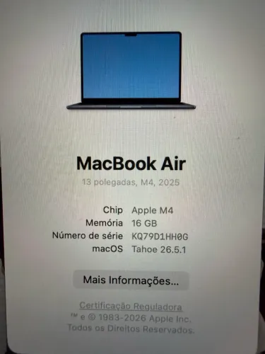 MacBook Air M4 13? 16GB/256GB ? Bateria 100% ? Perfeito estado