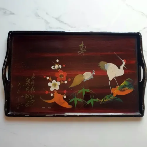 Antiga Bandeja Japonesa Madeira Lacada Garça E Tartaruga Urushi