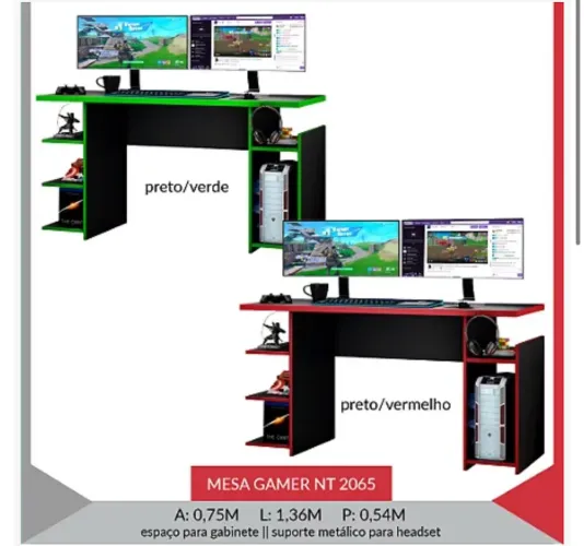 Mesa Gamer NT 2065 Preto/Verde e Preto/Vermelho
