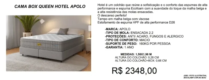 CONJUNTO QUEEN, COLCHÃO HOTEL+BOX