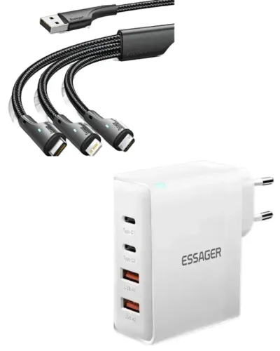CARREGADOR ESSAGER GAN 4 EM 1 100W + CABO 3 EM 1 100W