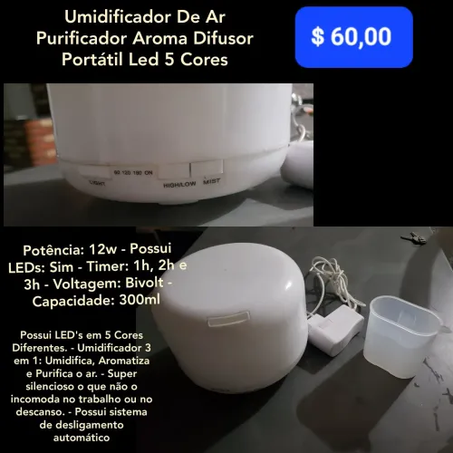 Umidificador Aroma Difusor Portátil Led 5 Cores