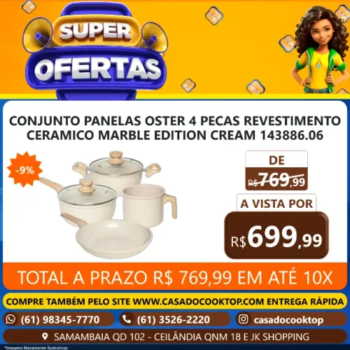 CONJUNTO PANELAS OSTER 4 PECAS REVESTIMENTO CERAMICO MARBLE EDITION CREAM 143886.06