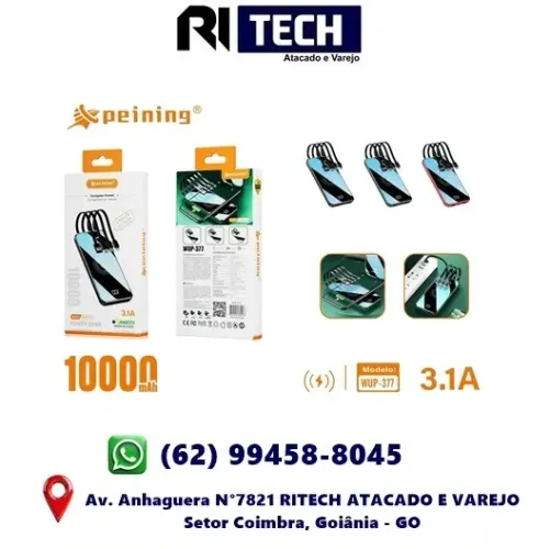 Carregador Portátil por Indução Peining WUP-377 Powerbank 10.000 mAh com 4 Cabos Embutidos