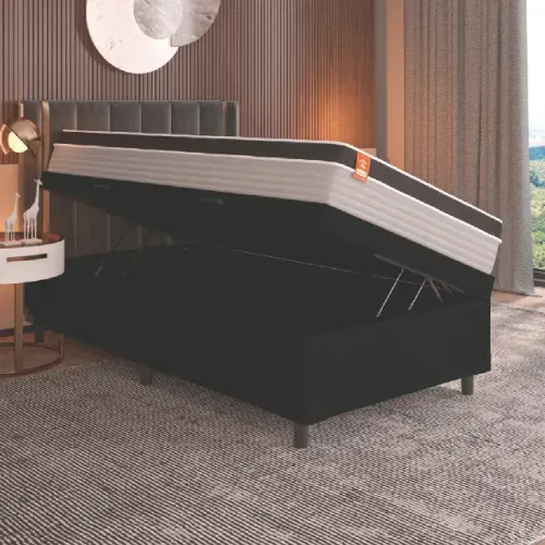 Cama Solteiro Box Completa com Colchão Branco/Preto - Pronta Entrega