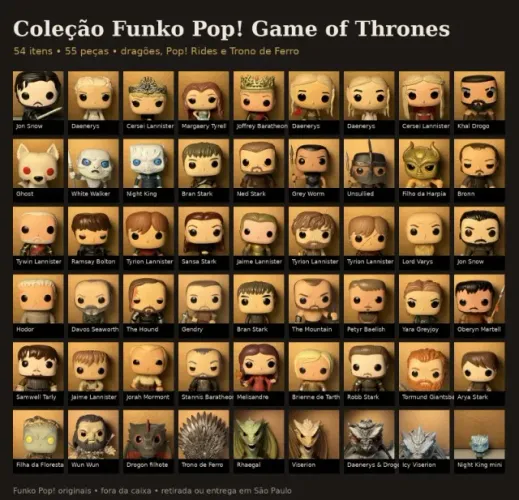 Coleção Funko Pop Game of Thrones - 55 peças (sai R$ 45 cada)