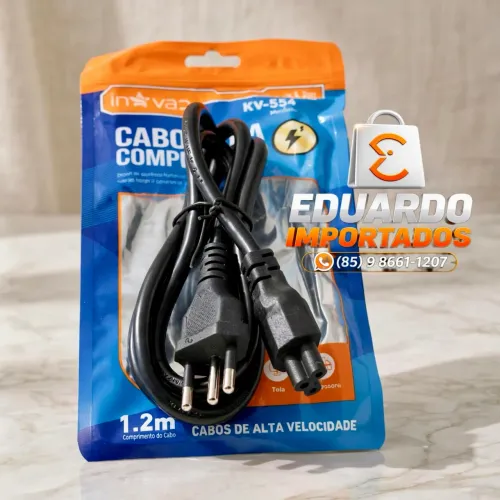 Cabo de Força Tripolar para Fonte de Notebook e Outros Equipamentos (PC, Computador)